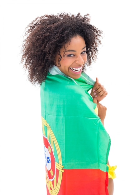 Girl, emballé, dans, portugal, drapeau, sourire, appareil-photo