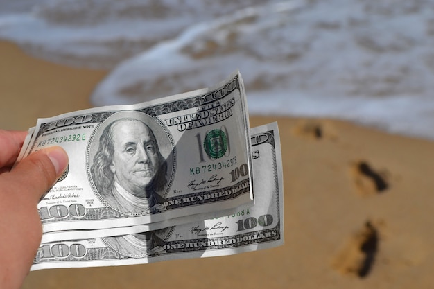 Girl holding money bill de 300 dollars sur fond de mer océan