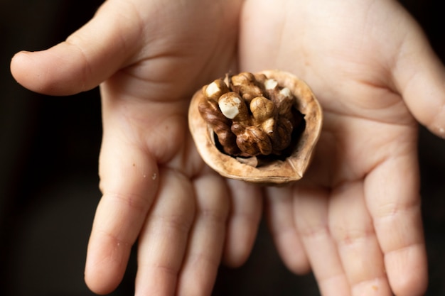 Girl holding noyer entier dans ses mains. Concept d'aliments biologiques sains.