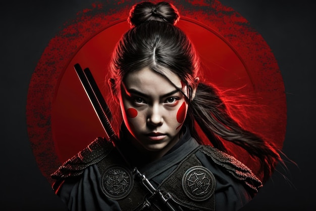 Girl Samurai sur le fond du cercle rouge généré par l'IA