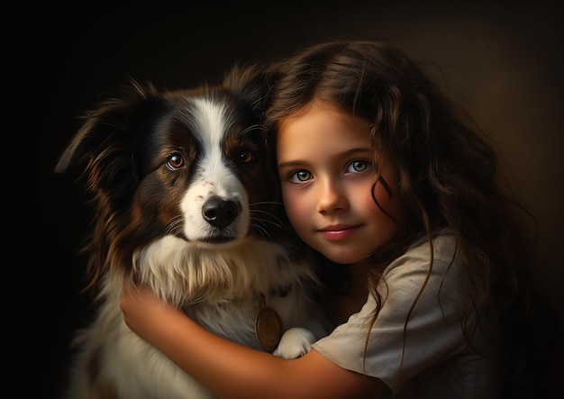 girl, tenue, bras chien, regarder, modèles professionnels, border collie, ami, très, peu, oreilles, écoute