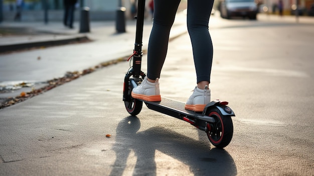 Girl39s inconnue Conduite élégante Scooter à travers la ville avec un scooter électrique noir IA générative