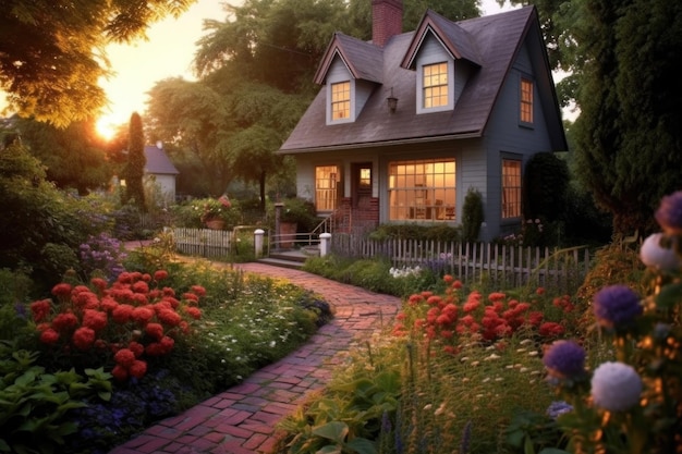 Gîte de charme avec jardin fleuri et chemin créé avec IA générative