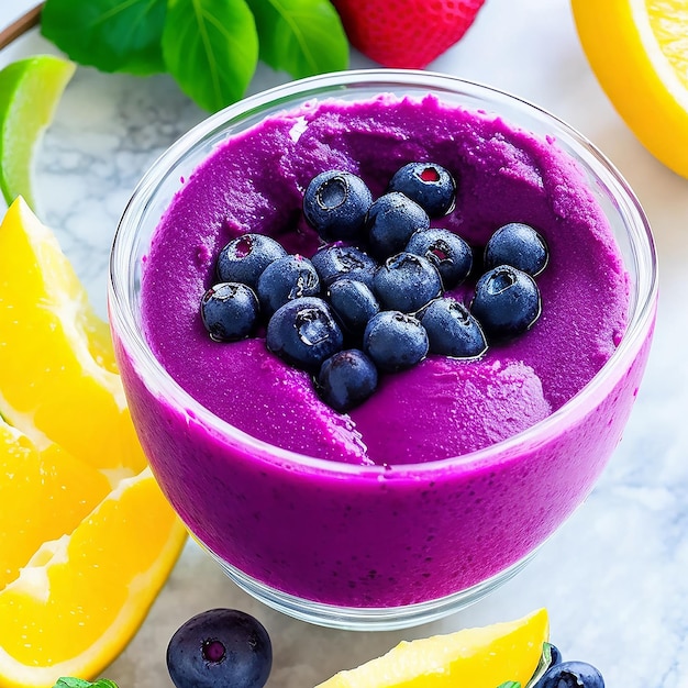 Glace à l'açai dans un bol entouré de fruits