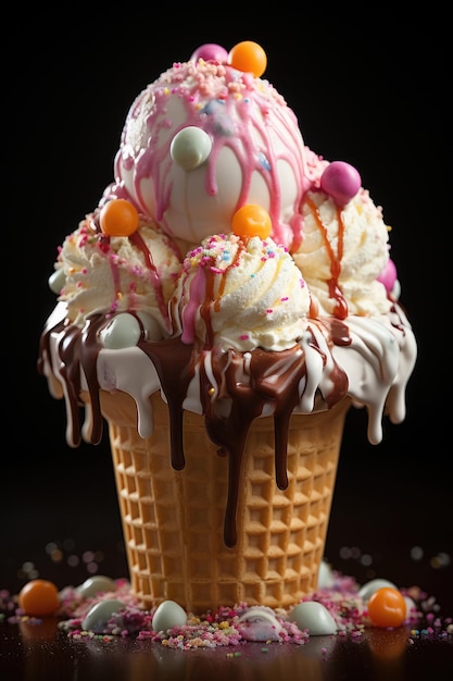 Glace arc-en-ciel avec des bonbons colorés fondant et se déversant du cône de gaufre sur fond sombre