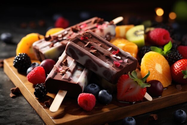 Glace au chocolat sur un bâton avec des baies et des fruits sur une planche de bois