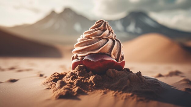 Une glace au chocolat avec un cœur rouge sur le dessus.