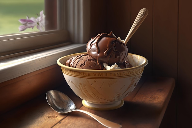 Glace au chocolat dans un bol avec une cuillère sur le rebord de la fenêtre Generative AI