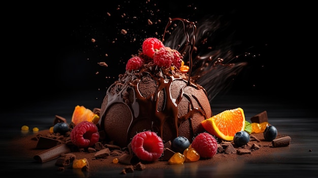 Une glace au chocolat avec des fruits dessus