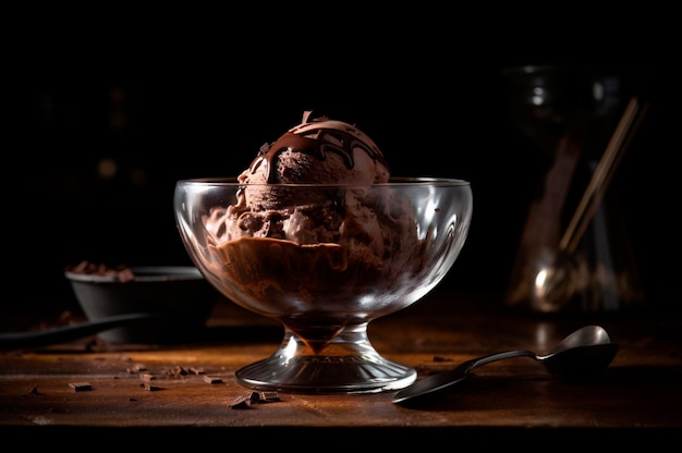 Glace au chocolat gastronomique dans un bol en verre sur la table du salon de crème glacée Dessert glacé généré par l'IA en bois rustique