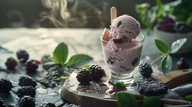 Glace au chocolat avec des mûres, des framboises et des bleuets