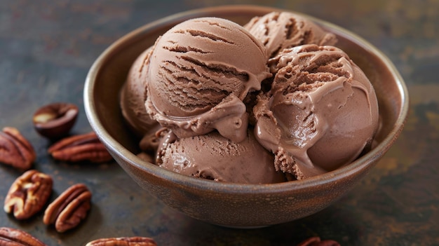 Glace au chocolat avec des noix de pécan dans un bol en céramique