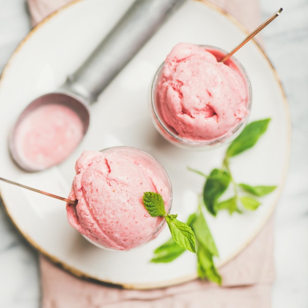 Glace au yogourt aux fraises maison avec récolte carrée à la menthe