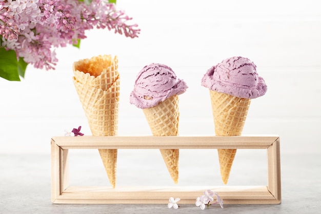 Glace aux baies dans des cornets à gaufres