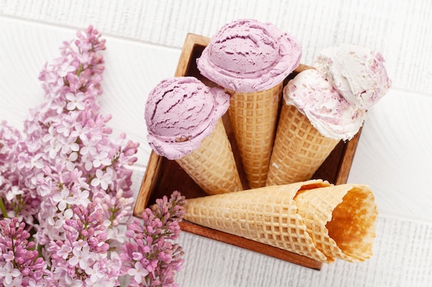 Glace aux baies dans des cornets à gaufres