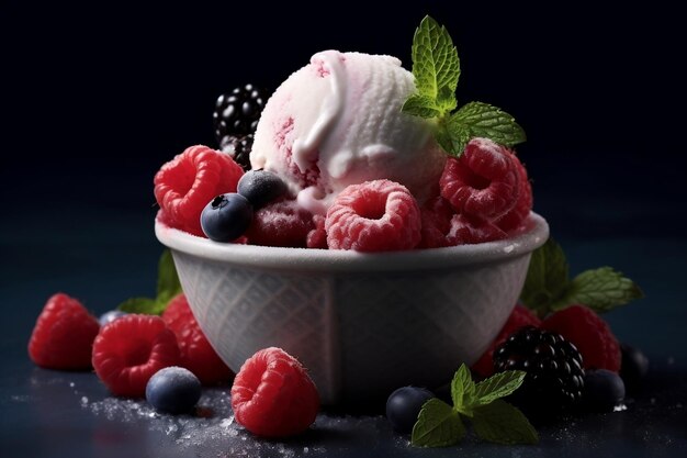 Glace aux baies fraîches sur le fond sombre