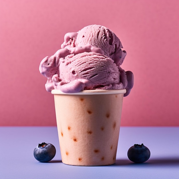 Glace aux bleuets dans une tasse en papier avec une cuillère en bois isolée sur fond rose