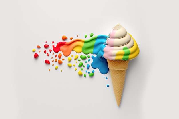 Glace aux couleurs de l'arc-en-ciel sur fond blanc IA générative