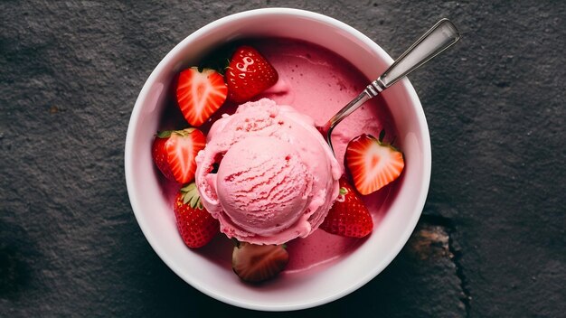 Glace aux fraises et cuillère à servir