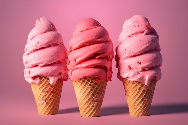 Glace aux fraises dans un cornet gaufré crémeux et délicieux