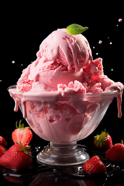 glace aux fraises avec éclaboussure de fraises et glaçage