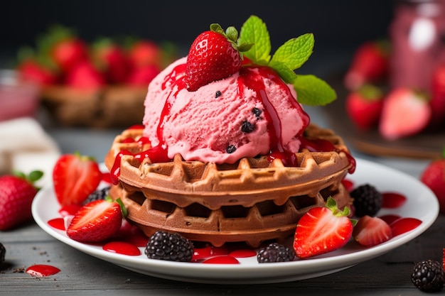 Glace aux fraises avec gaufres et oreo