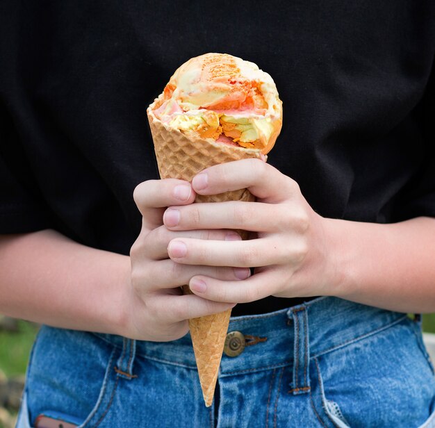 Glace aux fruits dans les mains d'une fille Vue de face