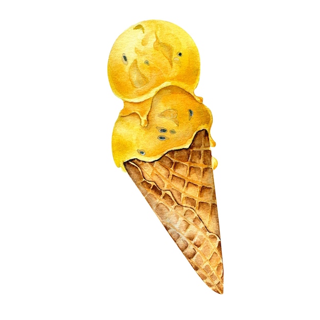 Glace aux fruits de la passion en illustration aquarelle de cône de gaufre isolé sur fond blanc