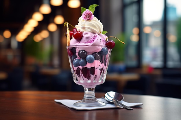 glace aux myrtilles dans un verre dans un beau café