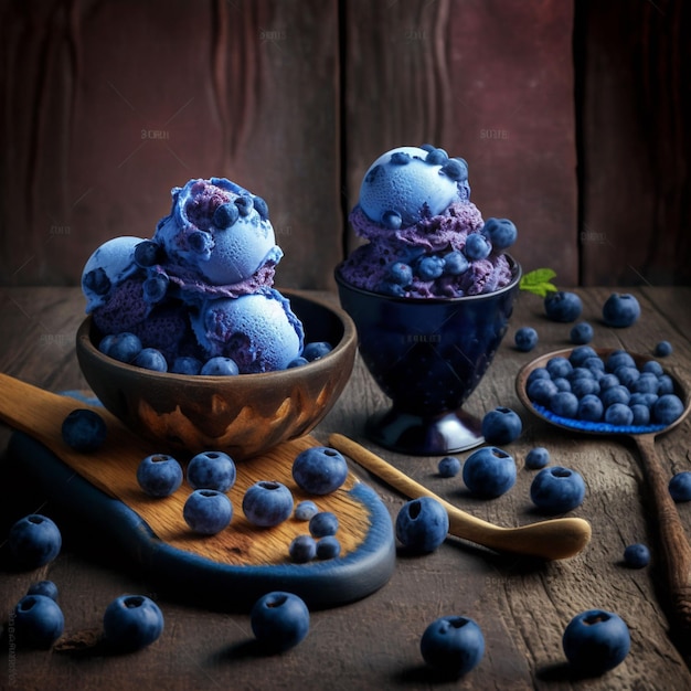 Glace aux myrtilles avec des myrtilles sur une table en bois