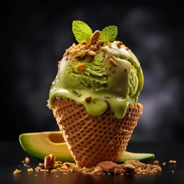 Glace à l'avocat dans un cône de gaufres avec des noix sur fond noir