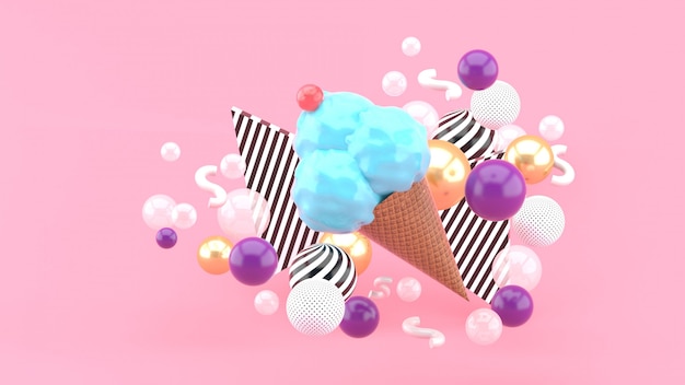 Une glace bleue entourée de boules colorées sur rose. Rendu 3D.