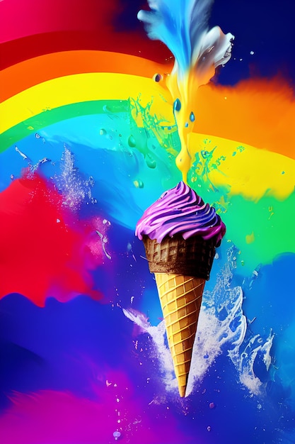 Une glace colorée avec un arc-en-ciel dessus