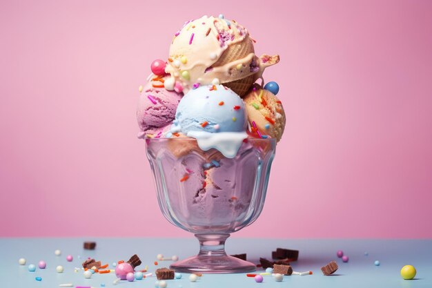 Glace colorée dans un bol en verre sur table sur fond clair