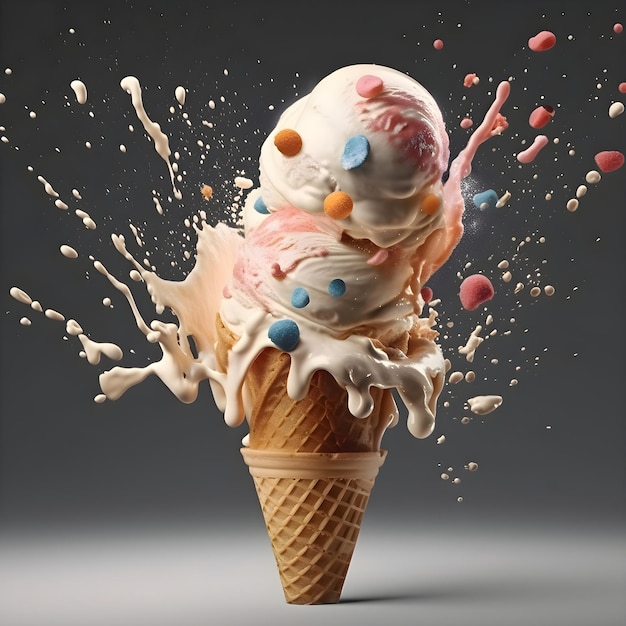 Glace en cornet gaufré avec éclaboussures et gouttes de chocolat sur fond noir