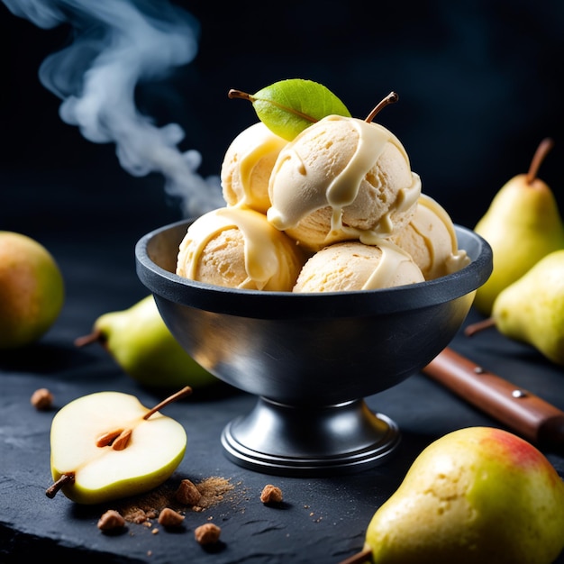 glace crémeuse et poire appétissante naturelle décorée de poire et servie en fumée sur une pierre sombre