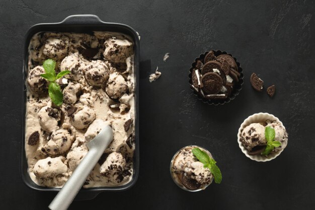 Glace crémeuse sans sucre fraîcheur avec biscuits dans un récipient