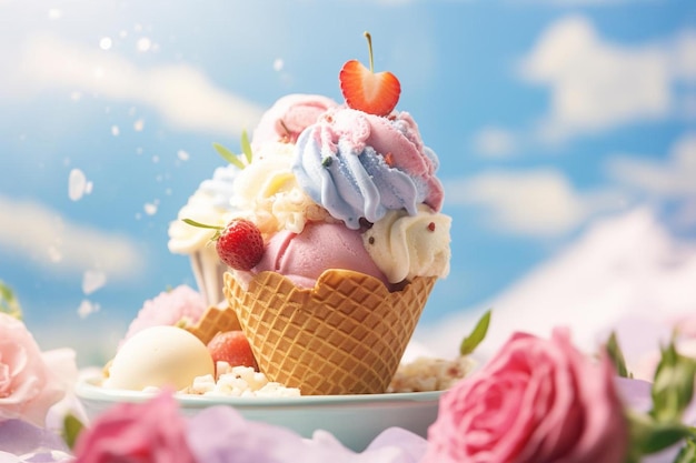 glace dans un bol avec des fleurs et une fraise sur le dessus.