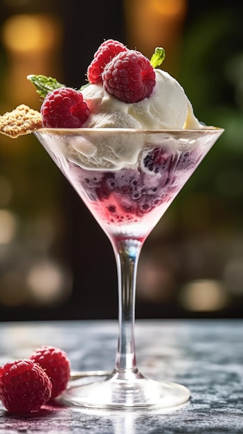 Glace dans un verre à martini avec dessert sucré à l'alcool