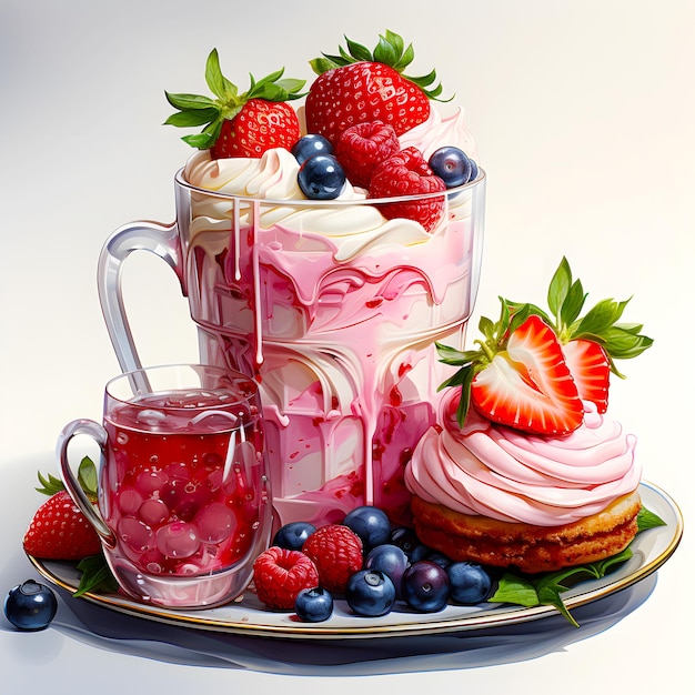 Glace fraîche, douce et colorée avec du yaourt aux fraises et aux baies avec des biscuits et de la confiture maison