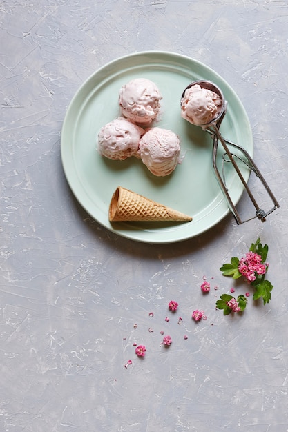 Glace fraîche et froide dans la plaque verte avec des fleurs roses sur la table grise. Vue de dessus