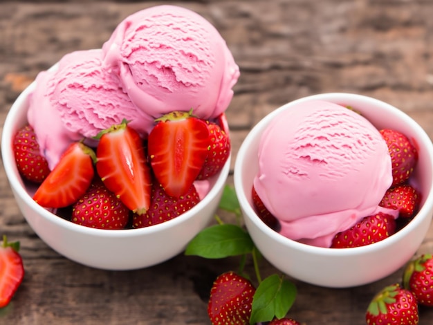 Glace à la fraise dans un bol sur la table de pays