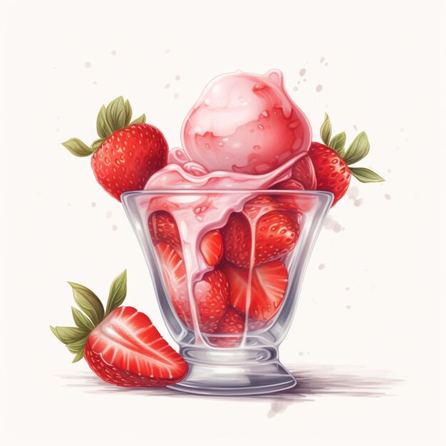 Une glace à la fraise avec des fraises dans une tasse en verre.