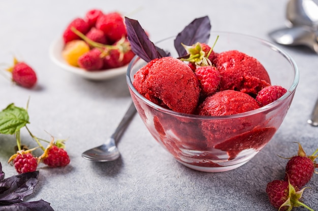 Glace à la framboise bio dans un bol en verre