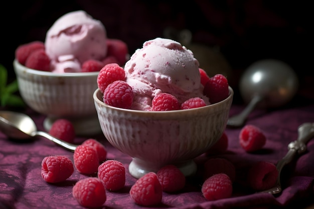 Glace à la framboise avec framboises fraîches dans un bol