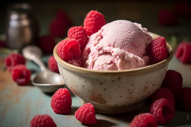 Glace à la framboise avec framboises fraîches dans un bol