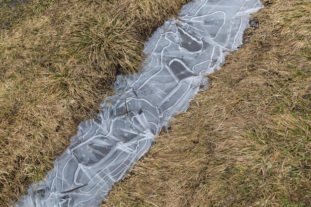 Glace gelée dans une flaque d'eau sur un champ au début du printemps