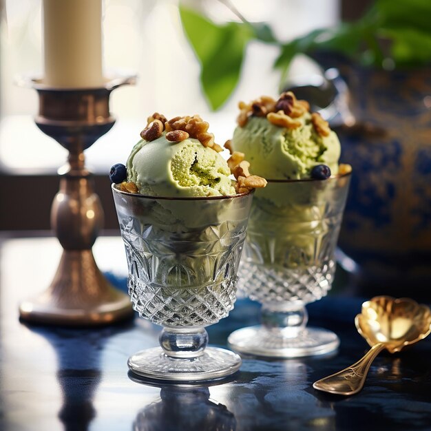 Photo glace à granole verte dans des tasses transparentes avec des noix pour la publicité