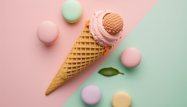 Glace et macarons sur fond rose clair Generative AI