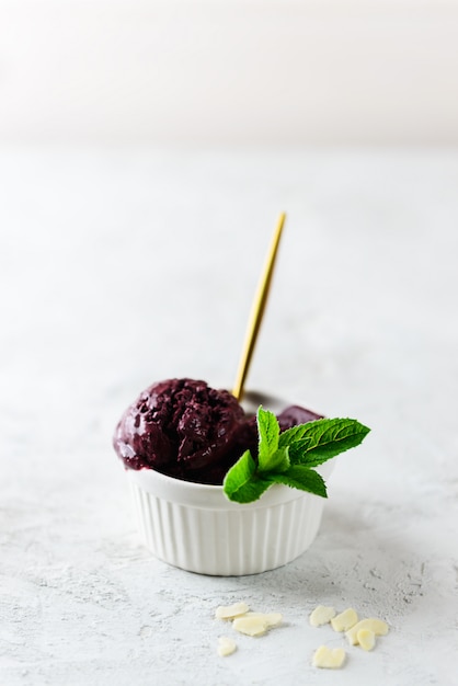 Glace maison au lait de coco aux bleuets et à la menthe.